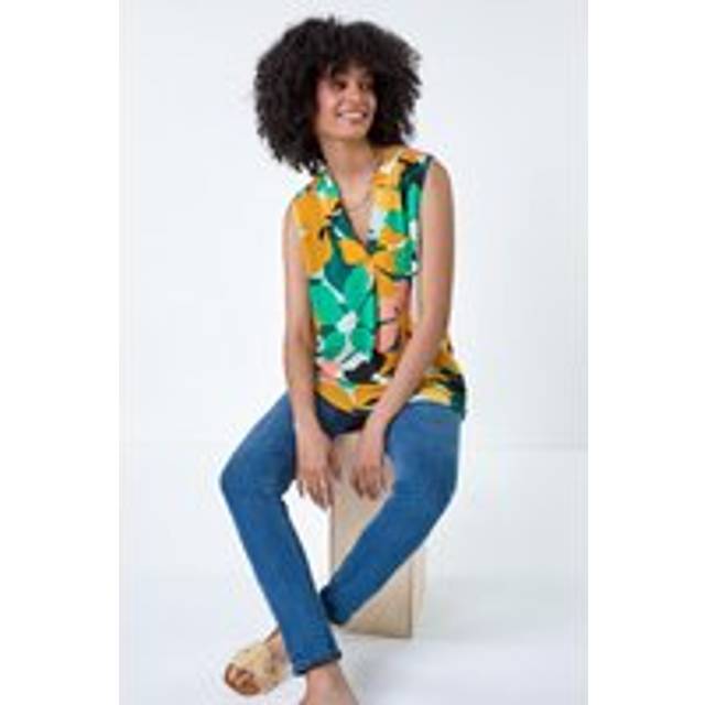 Roman Womens Contrast Floral Sleeveless V-Neck Blouse - Green - Size 10 UK