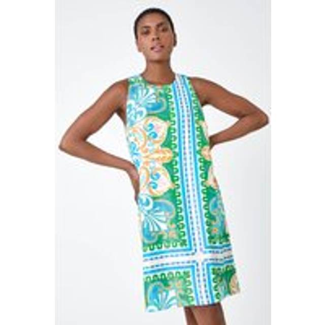 Roman Womens Scarf Print Satin Feel Shift Dress - Green - Size 10 UK