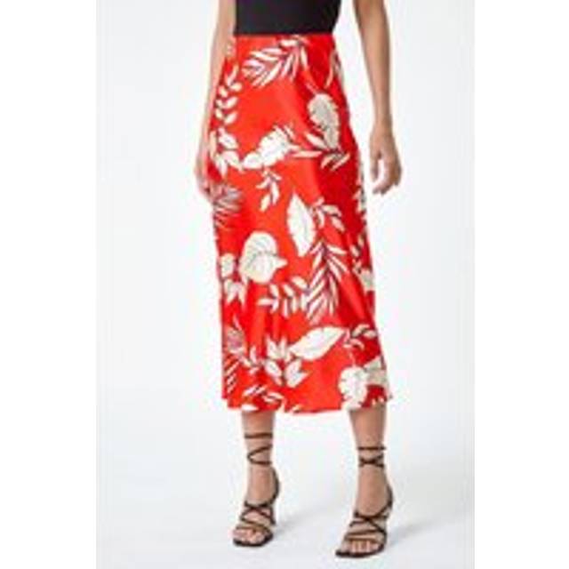 Dusk Womens Floral Satin Elastic Waist A Line Midi Skirt - Orange - Size 10 UK