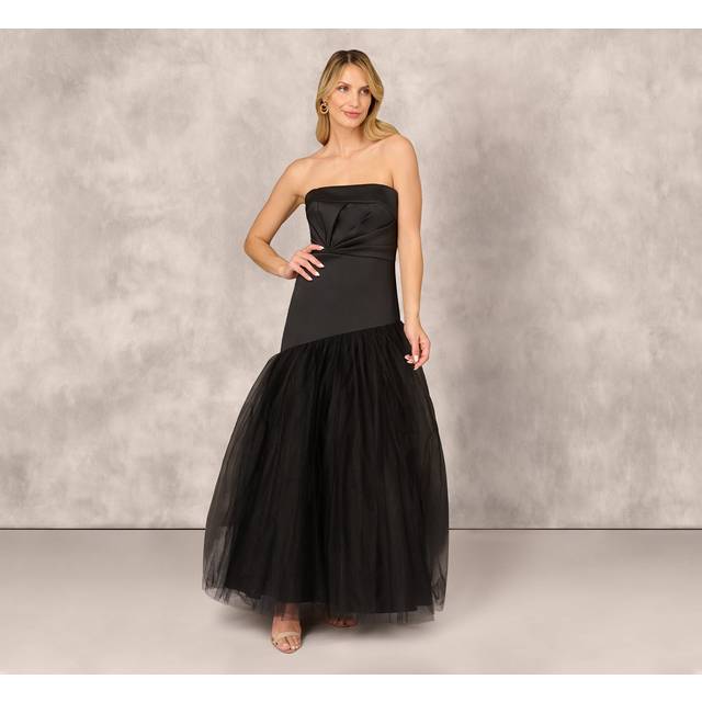 Strapless Mikado Ball Gown With Mesh Skirt In Black - 16