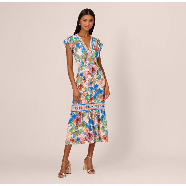 Bright Floral Print Midi Dress With Flutter Sleeves In Blue-Green Multi - 14