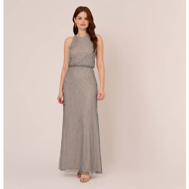 Adrianna Papell Bead Halter Blouson Dress - Nude