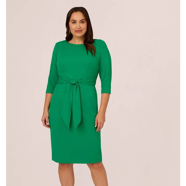 Plus Size Knit Crepe Bow Sheath Dress With Three Quarter Sleeves In Vivid Green - 14