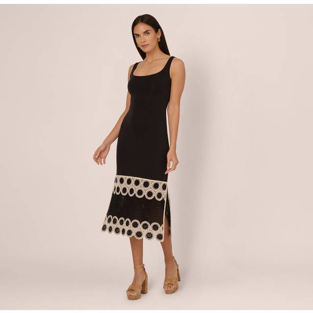 Crochet Trimmed Sheath Midi Dress With Tank Straps In Black Ecru - Black/Ecru - 16