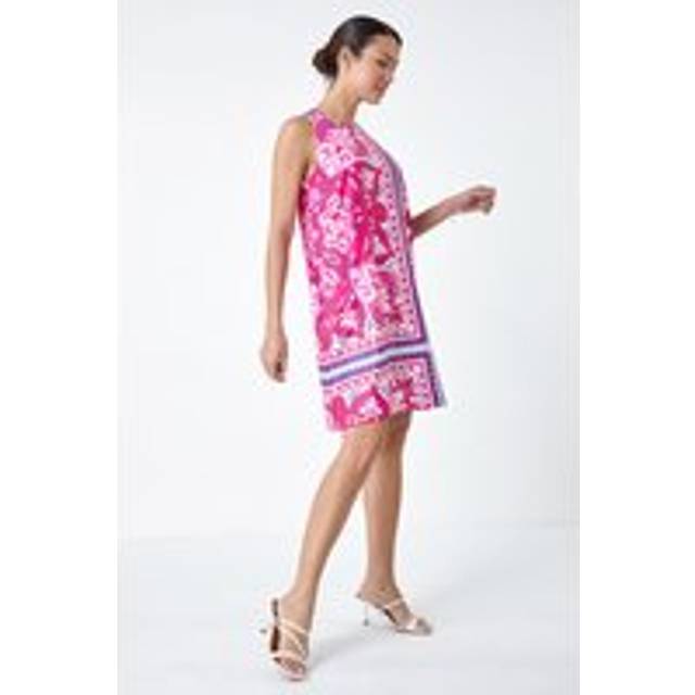 Roman Cerise Scarf Print Satin Feel Shift Dress - Size 14