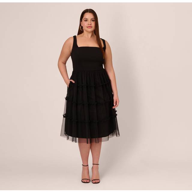 Plus Size Sleeveless Midi Dress With Square Neck And Tiered Skirt In Black - 24