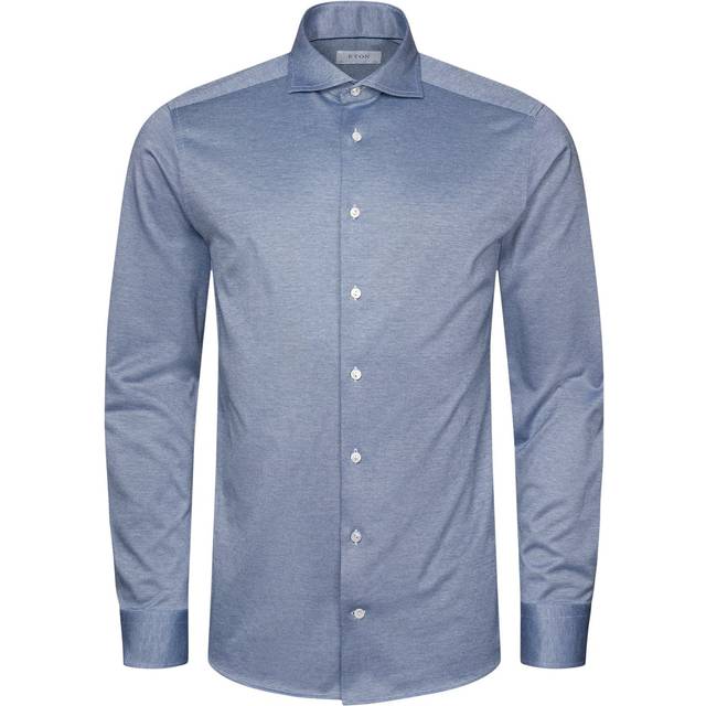 ETON Contemporary Fit Mid Blue Solid Filo Di Scozia Pique Shirt Herr Långärmade Skjortor Stl. 45 - Från Magasin - Blå (45)