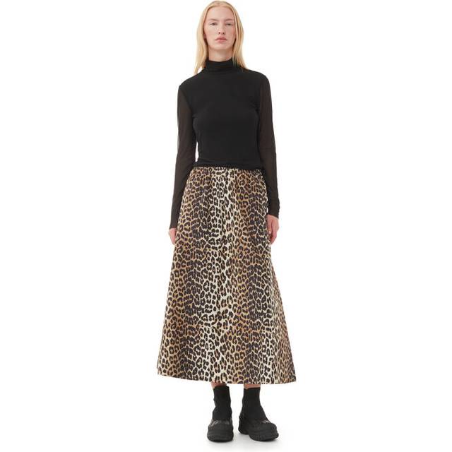 Ganni Women&#39;s Leopard Print Midi Skirt in Brown | Size 36 | F9365 (36)