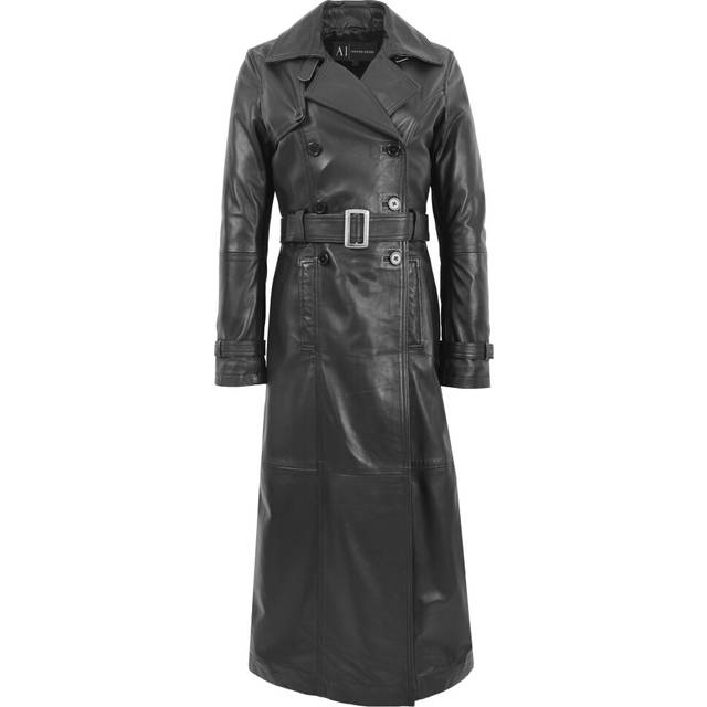 (18) Womens Full Length Long Black Leather Trench Coat Trinity