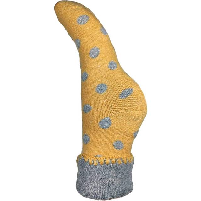 Ladies Cuffed Bed Socks Wool Blend Women's UK 4-7 Yellow & Grey Dots