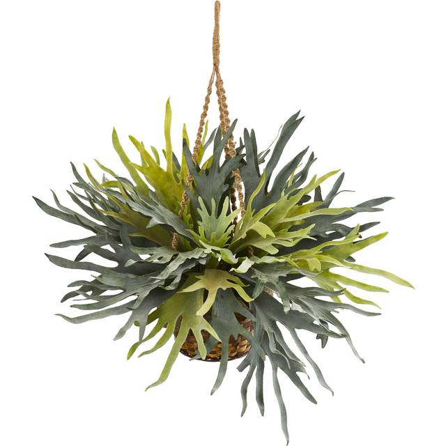 Nearly Natural Staghorn Hanging Basket Artificial Plant  Green