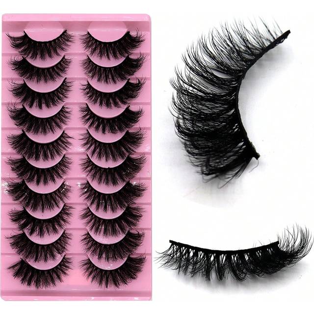 SHEIN 10 Pairs Dramatic 3D Faux Mink Fur Strip False Eyelashes, 22mm Long, Black Thick And Fluffy, For Daily Makeup