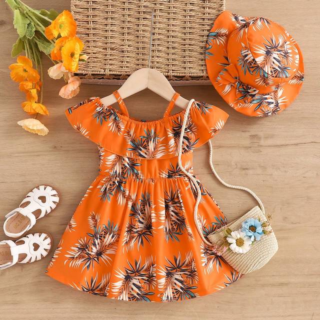 SHEIN Baby Girl Leaf Print Open Shoulder Dress & Hat Set, Summer