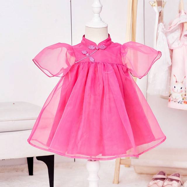 SHEIN Baby Girl Cute And Chinese Style Stand Collar Button Organza Hanfu Dress With Cap Sleeves