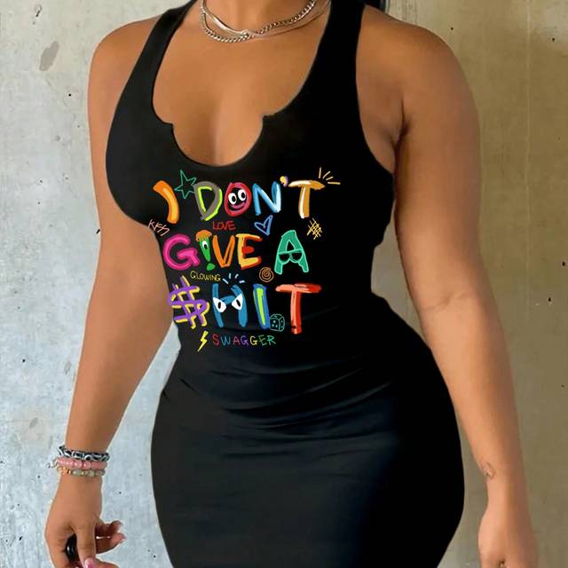 Slaydiva Casual Minimalist &#34;I Don&#39;t Give A &#34; Graphic Sleeveless V-Neck Bodycon Mini Dress, Summer