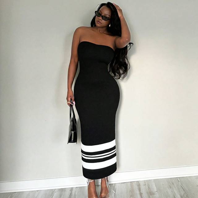 SHEIN Sexy Elegant Casual Holiday Vacation Summer Black And White Stripe Colour Contrast Summer Maxi Long Dress For Women