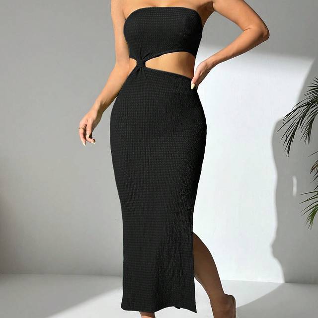 SHEIN Ladies&#34; Solid Color Simple Daily Strapless Slit Long Dress