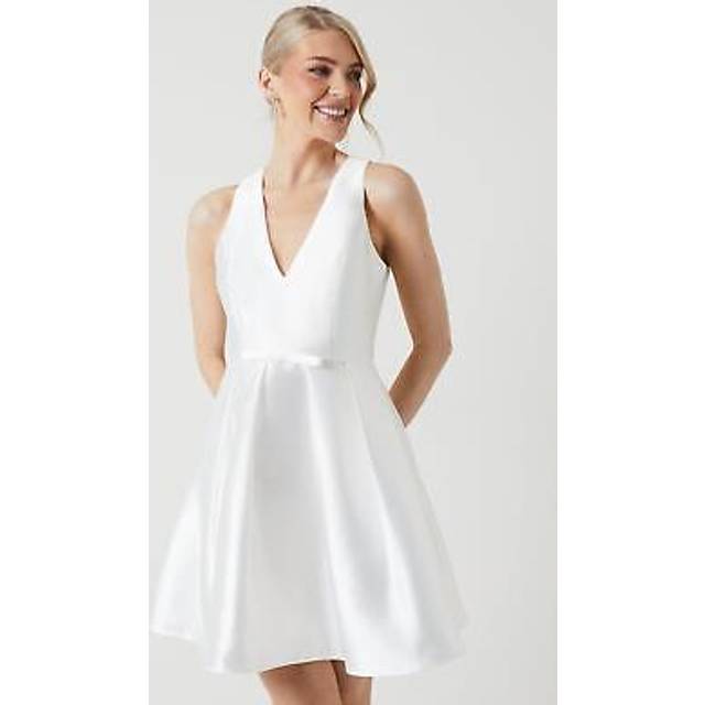 Womens Plunge Neck Bow Waist Twill Mini Dress With Pockets - White - 12