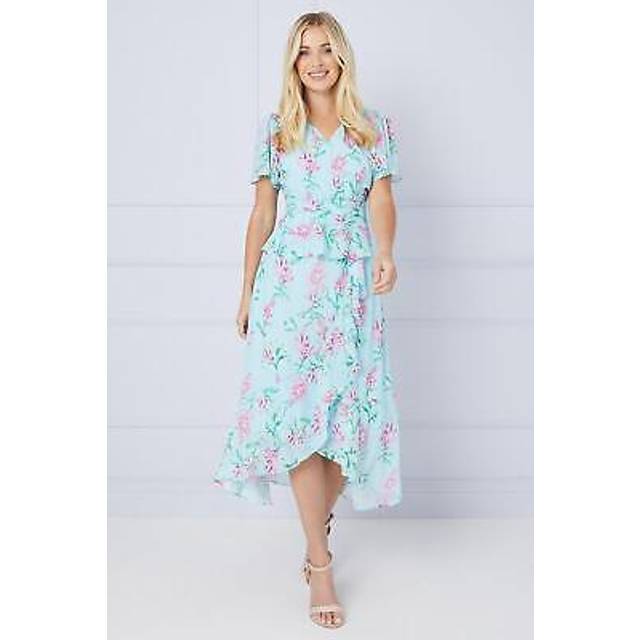 Womens Petite Floral Ruffle Peplum Midi Dress - Blush - 20