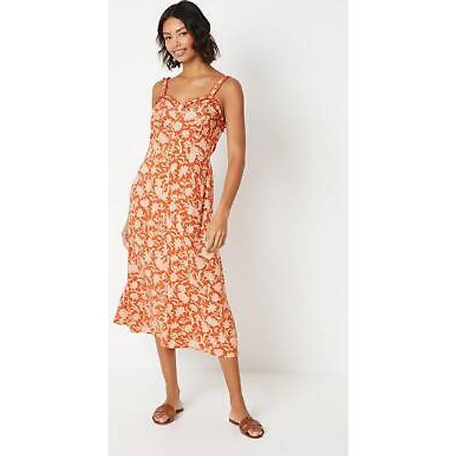 Womens Floral Button Through Frill Neckline Midi Dress - Rust - 18
