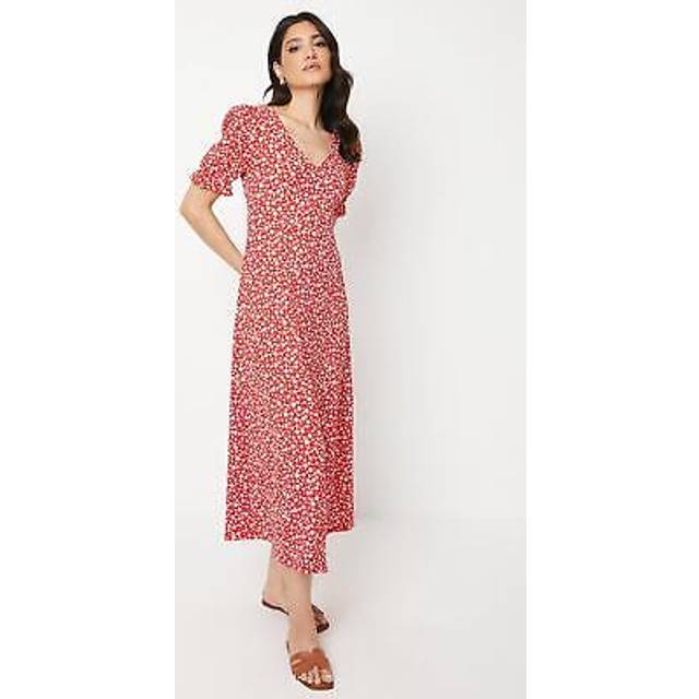 Womens Red Ditsy V Neck Short Sleeve Midi Dress - 8