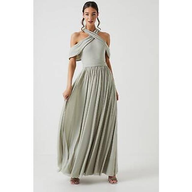 Cross Neck Cold Shoulder Stretch Mesh Bridesmaid Dress - Sage - 12