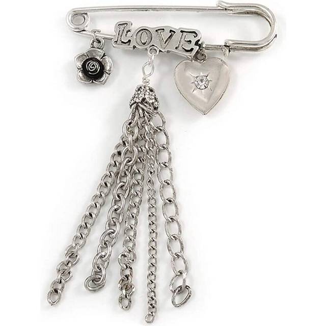 &#39;Love&#39;, Crystal Heart, Flower and Tassel Safety Pin Brooch (Burn Silver Finish)
