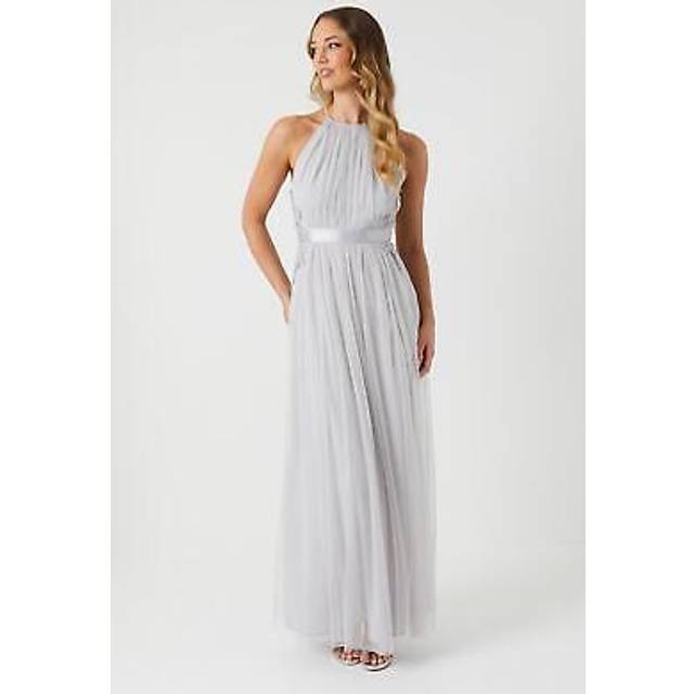Halterneck Lace Applique Bridesmaid Dress - Grey Mist - 12
