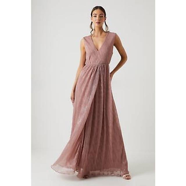 Metallic Plisse V Neck Bridesmaid Dress - Pink - 12