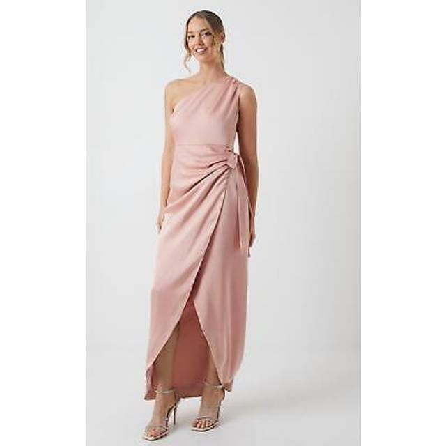 One Shoulder Wrap Satin Bridesmaid Dress - Pink - 16