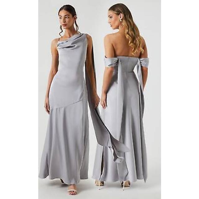 Drape Detail Bias Cut Satin Bridesmaid Dress - Grey Mist - 14