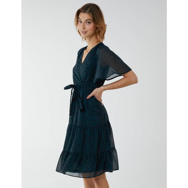 Womens Flutter Sleeve Midi Wrap With Tie Dress - Green - 8