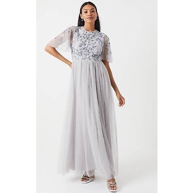 Floral Embroidered Bodice Angel Sleeve Bridesmaid Dress - Grey Mist - 12