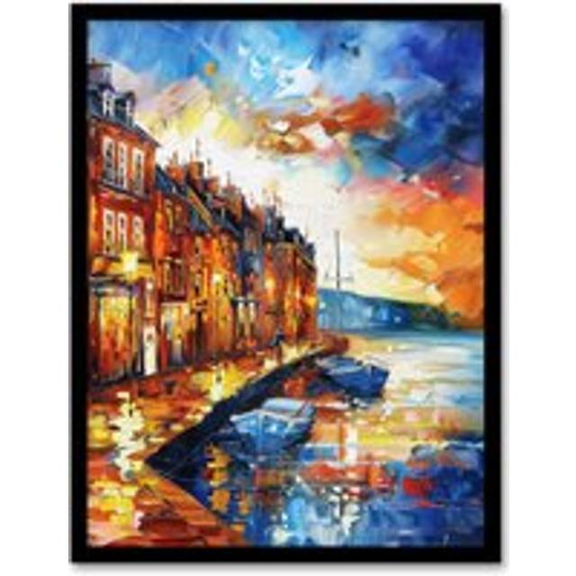 Seaside Town Harbor Sunset Oil Painting Framed Art Print - Orange - A4