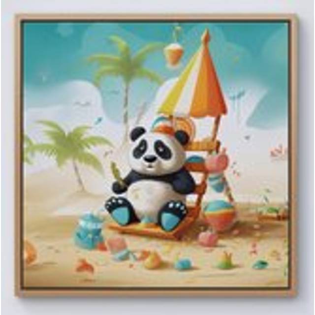 Happy Panda On A Beach Holiday Framed Canvas - Light Brown - W30 inch x H30 inch