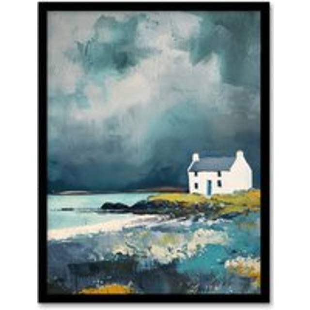Classic Scottish Lochside Cottage Oil Painting Wall Art Print - Grey - W12 inch x H16 inch