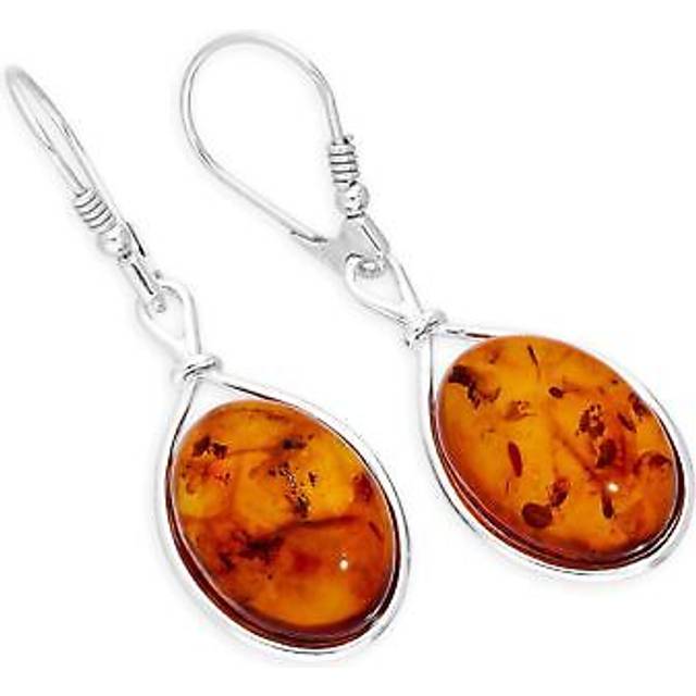 Real 925 sterling silver & baltic amber large teardrop leverback earrings oval