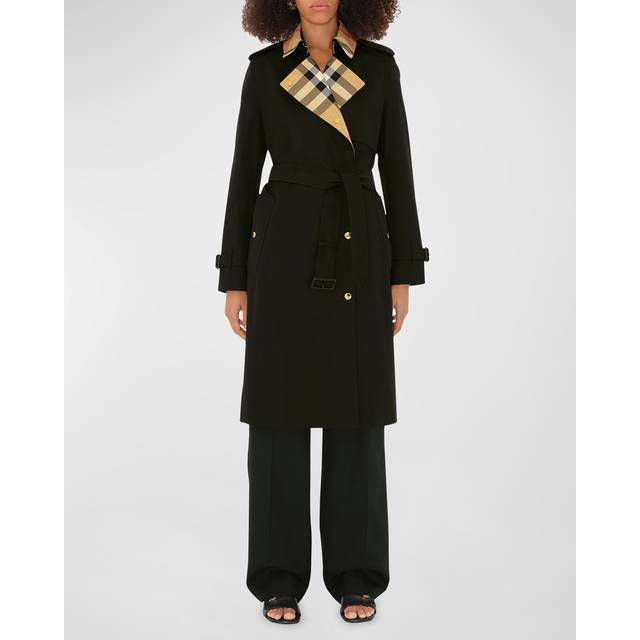 Burberry Long Check Collar Gabardine Trench Coat, Black - 14