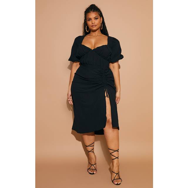 Plus Black Puff Sleeve Ruched Split Side Midi Dress, Black - 18