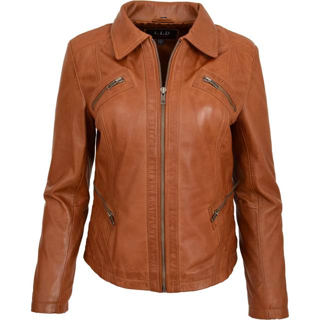 (Tan, 10) Ladies Soft Leather Jacket Fitted Collared Zip Fasten Biker Style Leah Tan