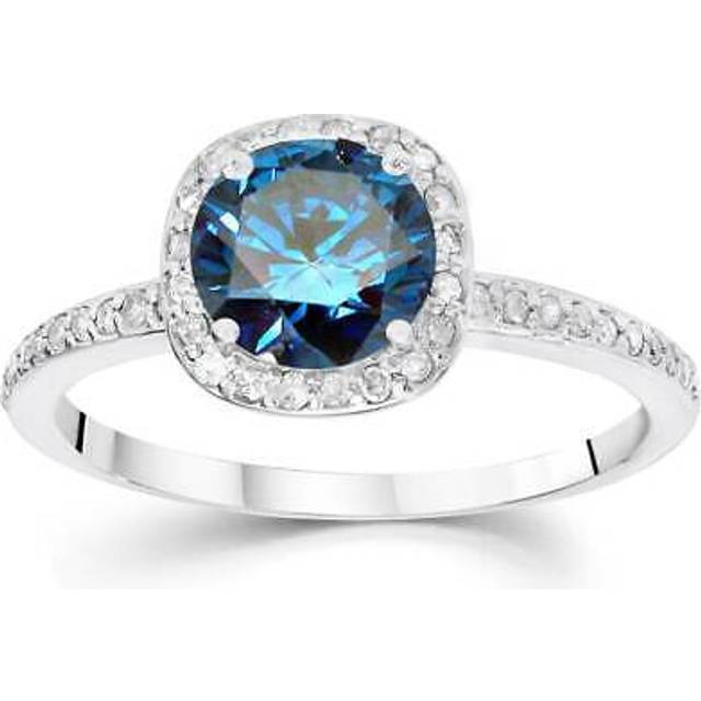 1/6ct Treated Blue Diamond Cushion Halo Engagement Ring 14k White Gold