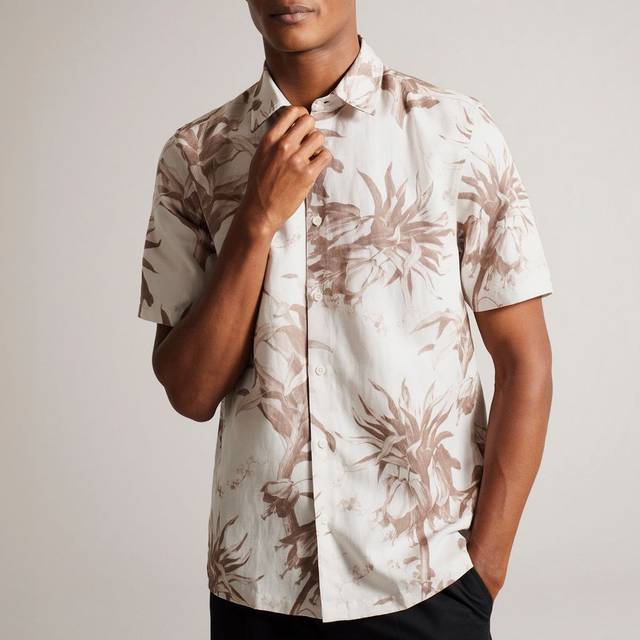 Ted Baker Mens Belmar Short Sleeve Linen Blend Shirt in Natural Cotton - Size Small