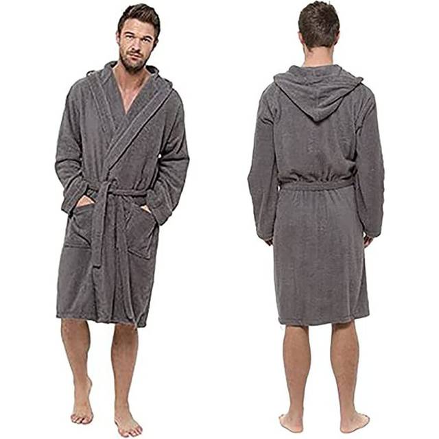 KAV Mens Hooded Towelling Robe-100% Cotton Bathrobe Dressing Gown with Large Pockets for Gym, Home, Shower, Hotel Robe (Grey,M/L)