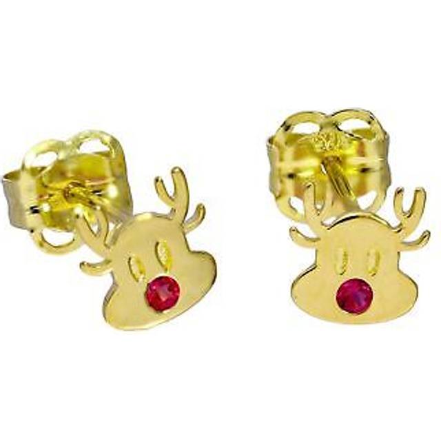 9ct gold & ruby cz crystal rudolph the red nose reindeer stud earrings
