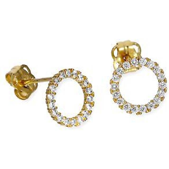 Real 375 9ct Gold & Clear Cz Crystal Karma Circle Stud Earrings Wheel Eternity