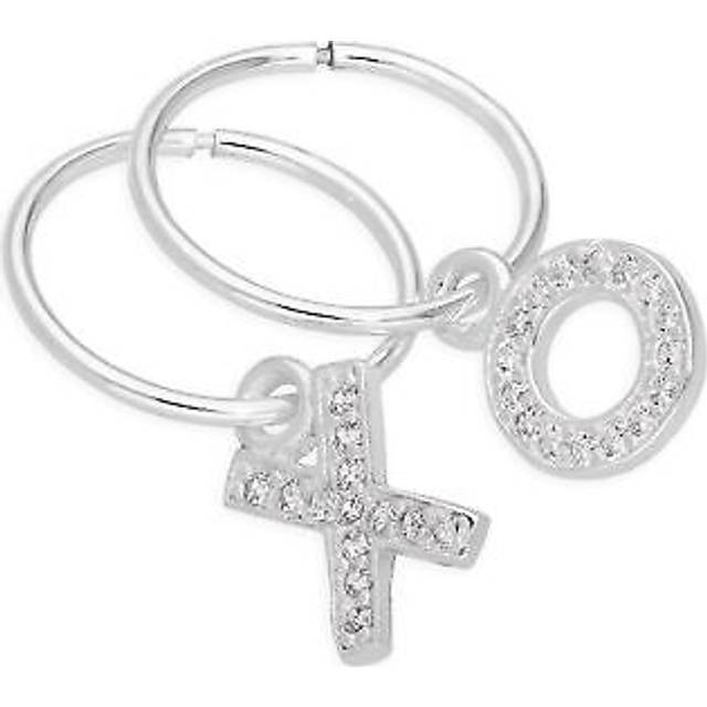 Sterling Silver CZ Crystal Kiss Hug X O 12mm Sleeper Hoop Earrings