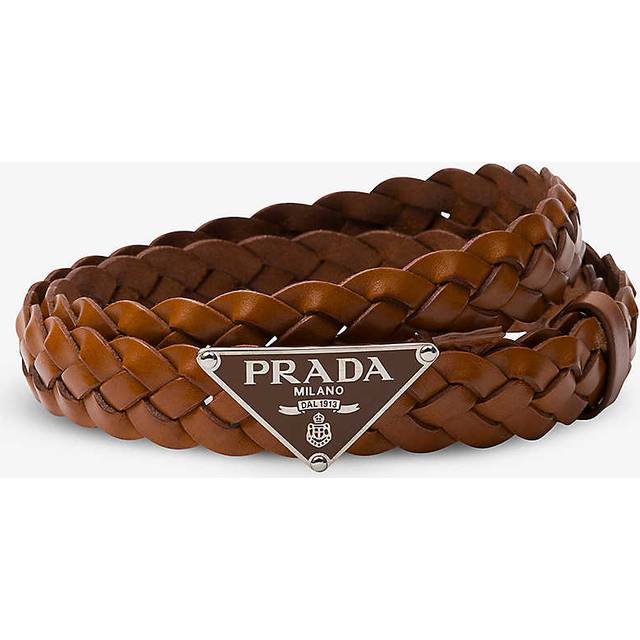 Prada Womens Brown Triangle-buckle Braided Leather Belt 30 - BROWN