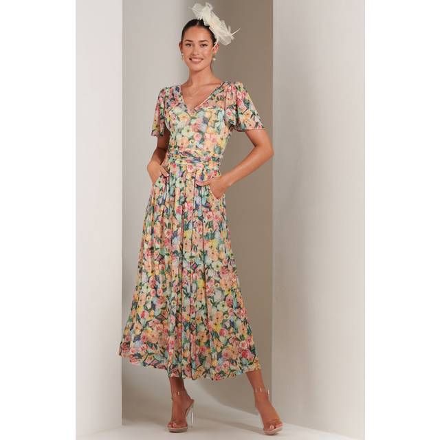Bianca V-Neck Pleated Mesh Maxi Dress - Yellow - 10