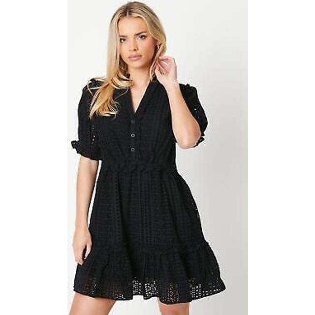 Oasis Womens Petite Broderie Frill Detail Button Down Mini Dress - Black Cotton - Size 8 UK