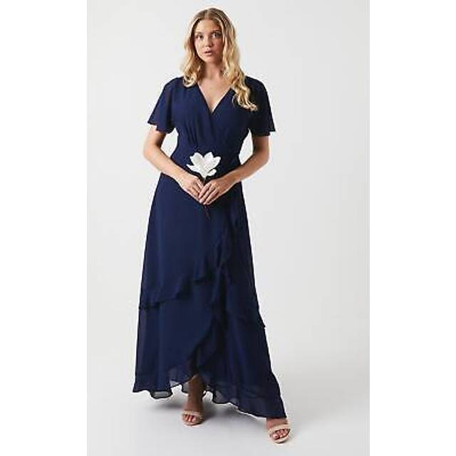 Oasis Womens Kimono Sleeve Ruffle Chiffon Maxi Bridesmaids Dress - Navy - Size 8 UK